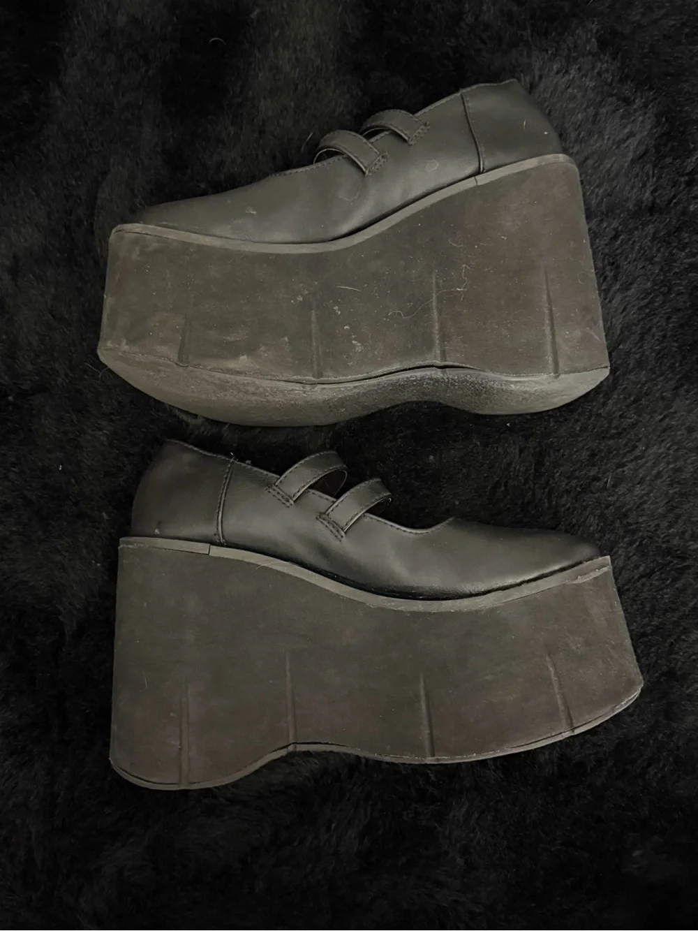 Demonia Kera-08 Black Platform Mary Jane Wedges with Double Straps